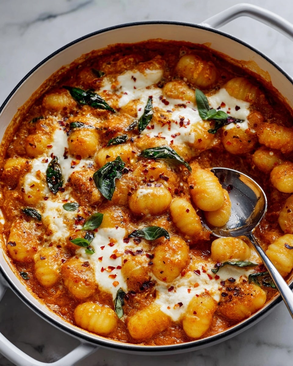 A white pot filled with a baked gnocchi dish shows plump, golden gnocchi pieces in a rich, orange-red tomato sauce. There are several dollops of melted white cheese scattered on top, creating smooth, creamy patches. Small green basil leaves are placed around the surface, adding color contrast. Tiny red chili flakes and finely grated parmesan cheese sprinkle over everything, and a little orange oil pools around the cheese. The pot rests on a white marbled surface. photo taken with an iphone --ar 4:5 --v 7