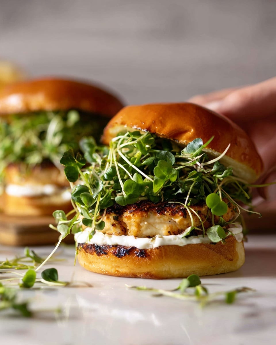 The image shows a close-up of a sandwich with four clear layers. The bottom layer is a toasted golden-brown bun with slight char marks. Above it is a smooth, white creamy sauce spread evenly. The third layer is a grilled chicken patty with a golden and slightly charred surface. The top layer is a large heap of fresh, green microgreens with thin stems that spill out beyond the bun. The sandwich is held lightly by a woman's hand on the right side, and a second similar sandwich is blurred out in the background on a white marbled surface. photo taken with an iphone --ar 4:5 --v 7