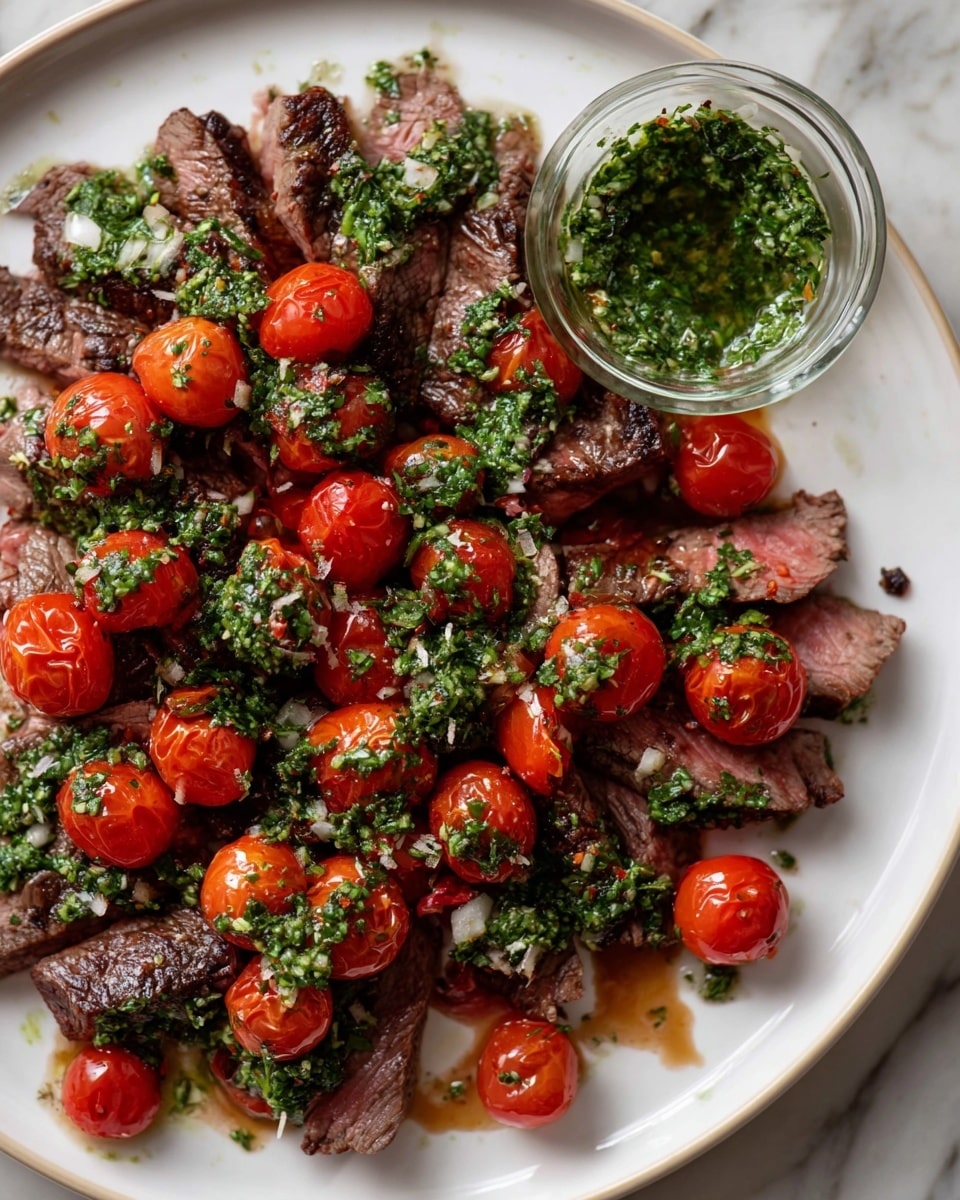 The image shows a white oval plate with a thin gold rim, placed on a white marbled surface. The plate holds grilled pieces of steak layered underneath bright red halved cherry tomatoes scattered on top. Both steak and tomatoes are garnished with bright green chopped herbs that look fresh and moist. On the bottom left side of the plate, there is a small clear glass bowl filled with a green herb sauce, with a silver spoon resting inside. The textures of the steak are slightly charred with pink inside, the tomatoes are juicy and glossy, and the herb sauce looks thick and chunky. Photo taken with an iphone --ar 4:5 --v 7