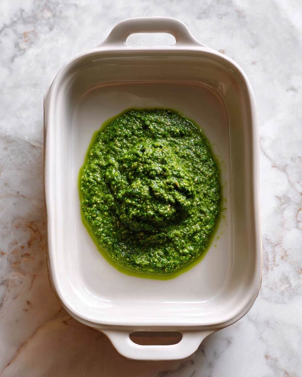 The image shows a white rectangular dish with rounded edges placed on a white marbled surface. Inside the dish, there is one central layer of green pesto sauce, which has a slightly chunky and thick texture. The pesto forms a small, roughly circular pile in the middle of the dish. The dish has a handle on each end, and the top view clearly shows the smooth inner surface contrasting with the bright green sauce layer. photo taken with an iphone --ar 4:5 --v 7