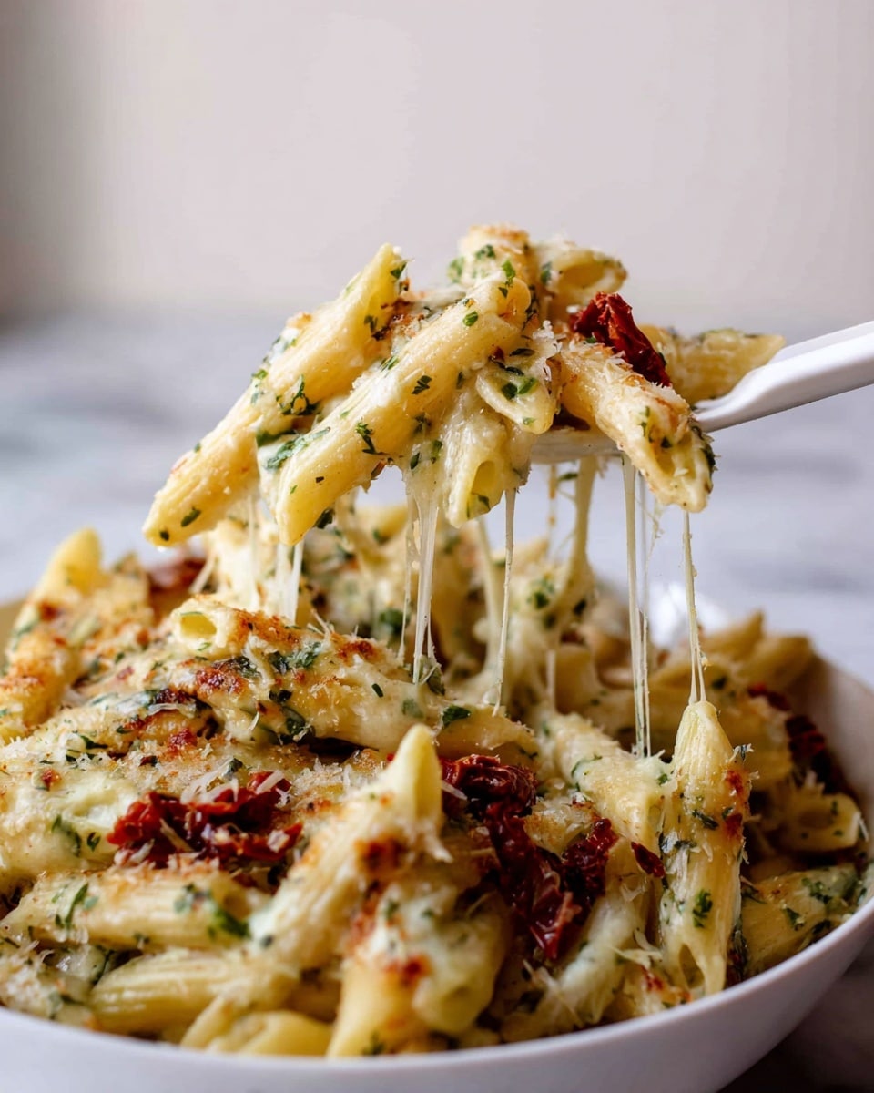 A white plate with ridged edges holds a creamy pasta dish made of three main layers: the bottom has pale yellow penne pasta pieces, the middle layer shows chunks of light brown cooked chicken mixed with sun-dried tomatoes that add small pops of red, and the top layer is covered with melted light yellow cheese and green pesto sauce, sprinkled with grated cheese. A gold fork is placed on the right side inside the plate, partly under the food. The plate is set on a white marbled surface with a folded white cloth on the top right corner photo taken with an iphone --ar 4:5 --v 7