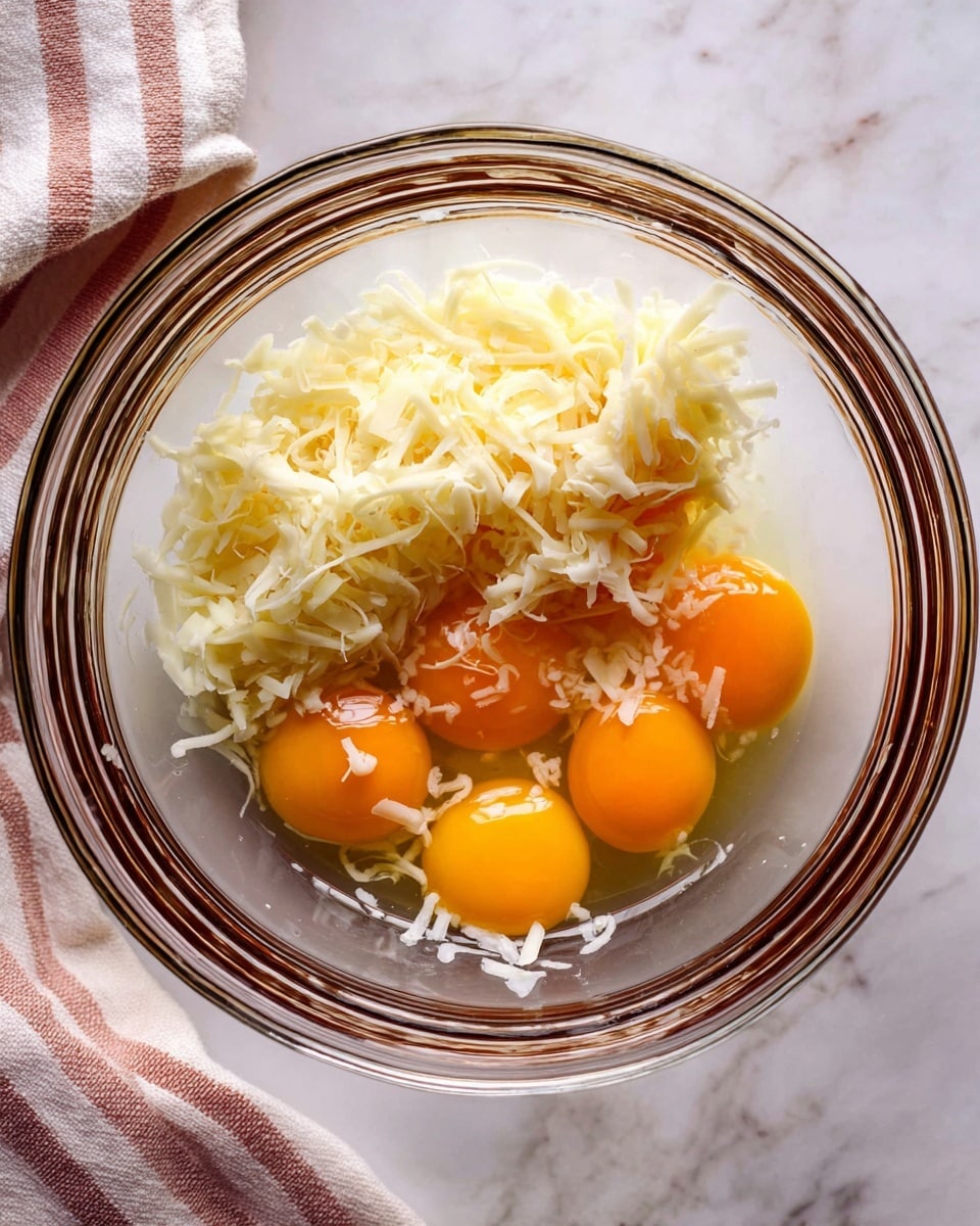 A clear glass bowl with brown rings holds six bright orange egg yolks mixed with translucent egg whites, covered on one side by a pile of pale yellow shredded cheese with a soft, stringy texture. The bowl is placed on a white marbled surface with a soft pink-and-white striped cloth partially visible in the top left corner. photo taken with an iphone --ar 4:5 --v 7