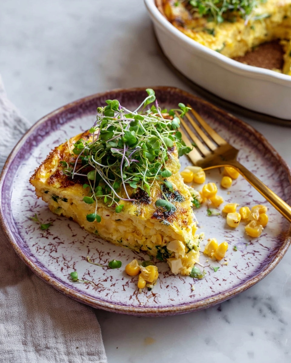 A white plate holds a thick slice of yellow corn casserole with creamy and slightly crispy edges. The casserole shows visible whole corn kernels embedded throughout the soft, dense interior. On top, there is a small pile of green leafy sprouts and a few whole corn kernels placed as garnish. To the right, a broken-off piece reveals the textured layers inside, showing a mix of corn and green herbs. Some loose corn kernels are scattered around the plate on a white marbled surface. The photo taken with an iphone --ar 4:5 --v 7