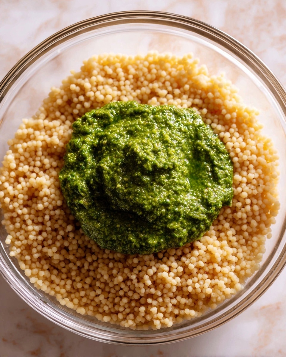 A clear glass bowl holds one layer of light tan, small round couscous grains that look soft and slightly fluffy. On top, there is a thick dollop of bright green pesto sauce with a textured, slightly chunky surface sitting in the middle of the couscous. The bowl rests on a white marbled surface. photo taken with an iphone --ar 4:5 --v 7