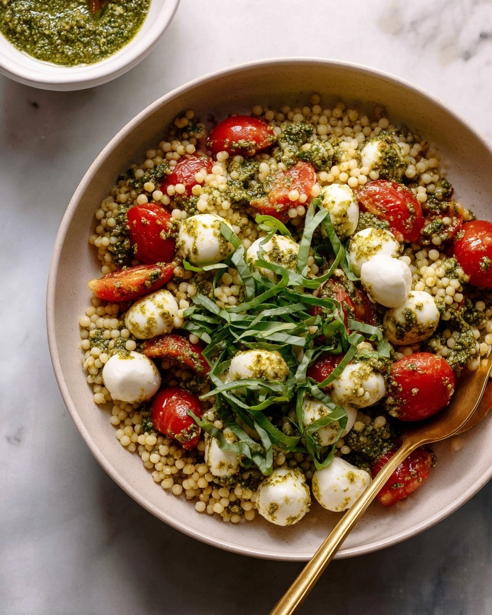 A clear glass bowl filled with a mixed salad showing three main layers: small greenish-yellow round couscous-like grains as the base, scattered bright red sliced cherry tomatoes adding bold color, and small white mozzarella balls evenly spread throughout. Thin dark green basil leaves are mixed in, creating a fresh and textured look. The bowl is placed on a white marbled surface, with light shining softly from above, making the ingredients look fresh and vibrant. photo taken with an iphone --ar 4:5 --v 7
