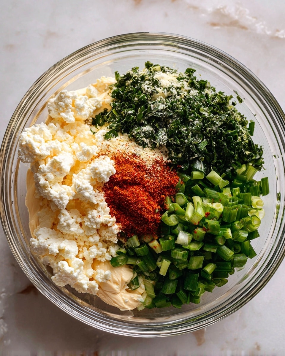 A clear glass bowl sits on a white marbled surface, filled with five distinct ingredients separated into layers. One layer is made of white crumbly cheese, rough in texture, filling nearly half of the bottom left side. To the right of the cheese, there is a thick layer of vibrant green chopped scallions, with small round pieces tightly packed together. Above the scallions, finely chopped herbs create a dense dark green patch sprinkled lightly with salt crystals. To the left of the herbs, there is a creamy light beige layer of mayonnaise, topped with a dusting of reddish-orange powdered spice. Another reddish-orange spice powder is visible scattered partly over the cheese area, adding a bright contrast to the white cheese. The bowl has metal rings around its rim. photo taken with an iphone --ar 4:5 --v 7