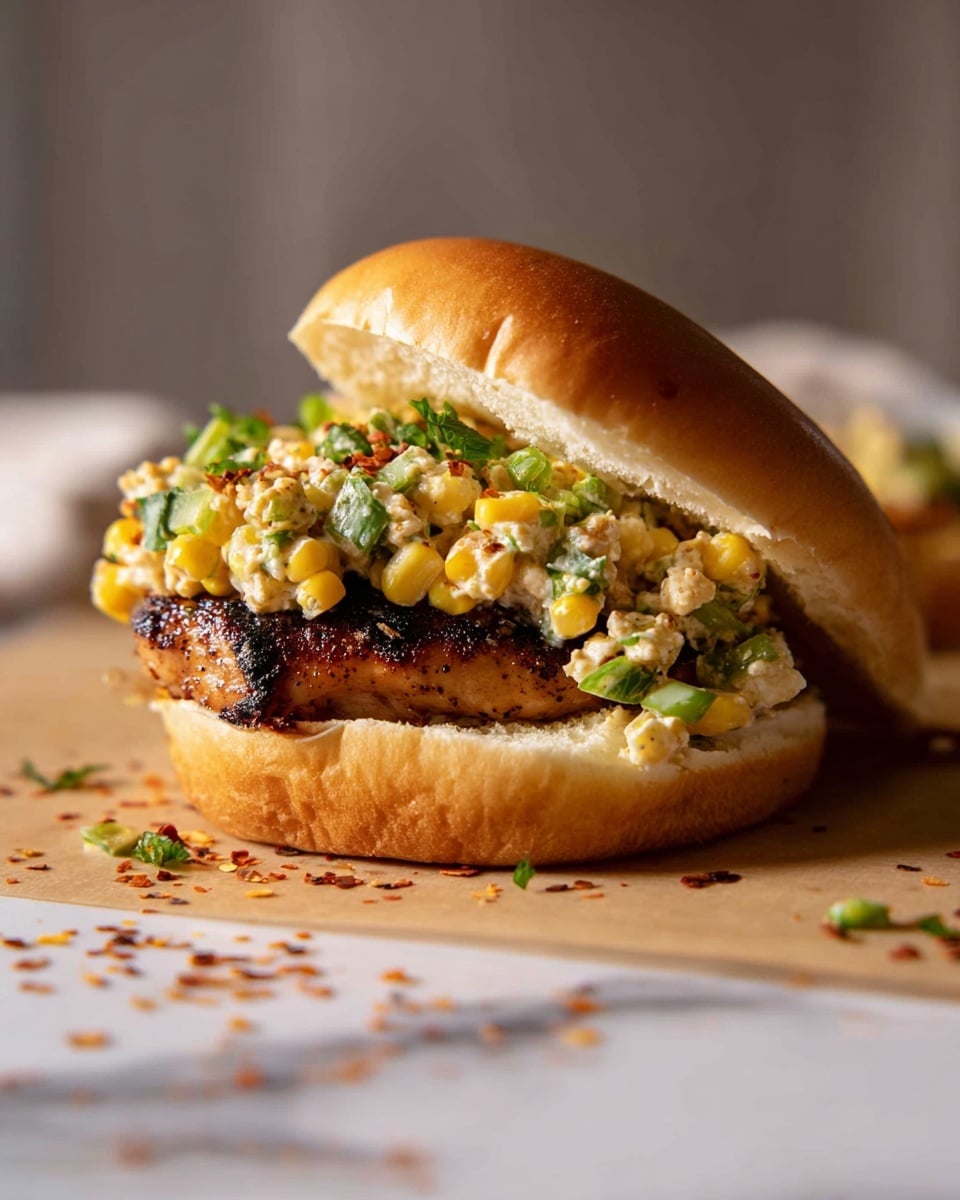 A sandwich with a soft golden brown bun partially open, showing three layers: the bottom layer is a grilled chicken patty with a slightly charred, dark brown surface, the middle layer is a creamy yellow corn salad mixed with green bits that look like celery or herbs, and the top bun resting angled over the filling. The sandwich sits on light brown parchment paper with small scattered red spices, all on a white marbled surface. photo taken with an iphone --ar 4:5 --v 7
