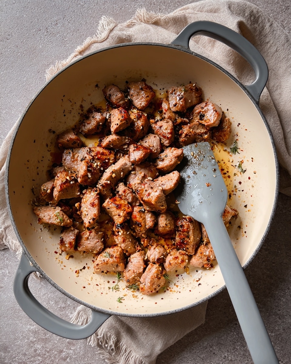 This image shows a close-up of a white round cooking pot filled with a thick, orange-red sauce mixed with soft gnocchi and browned meat pieces, all coated evenly in the sauce. The sauce has a rich and slightly chunky texture, covering the gnocchi and meat well, with some sauce smeared around the pot edges. A wooden spoon rests in the pot, partially covered in sauce, suggesting the food has been stirred. The pot is placed on a white marbled surface, creating a clean and simple background. photo taken with an iphone --ar 4:5 --v 7