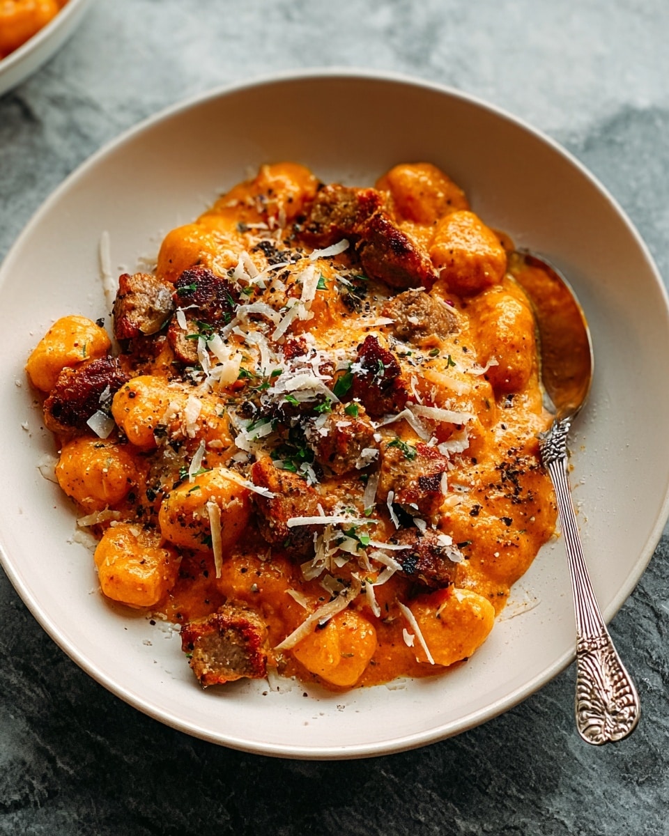 The image shows a bowl filled with a dish of round gnocchi covered in a thick orange sauce. On top, there are pieces of cooked meat that look browned and slightly crispy, scattered throughout. The dish is sprinkled with small shreds of white cheese and bits of black pepper. A silver spoon with a shell pattern handle rests inside the white bowl, partly under the gnocchi. The bowl is placed on a white marbled surface. photo taken with an iphone --ar 4:5 --v 7