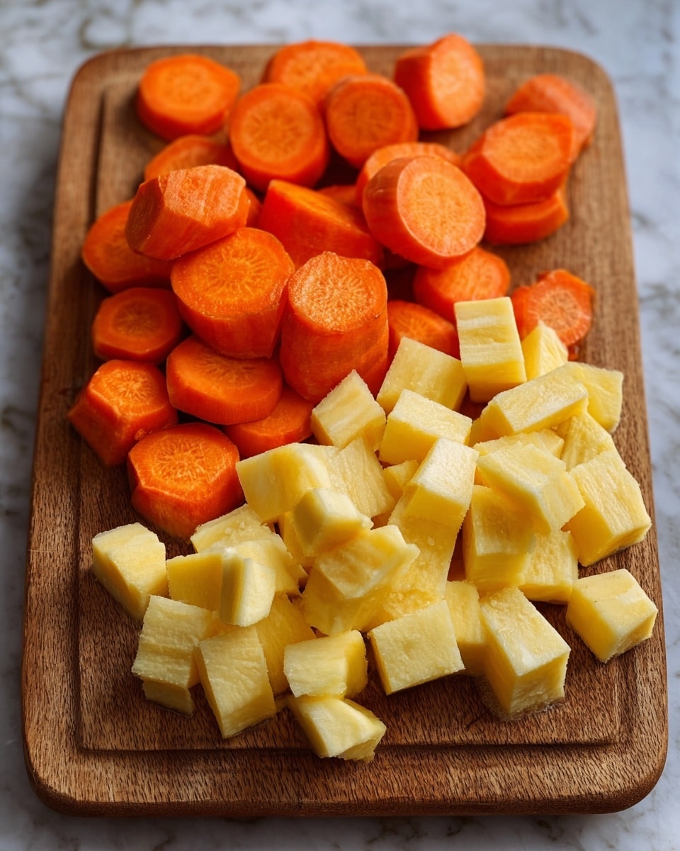 The image shows a wooden cutting board on a surface with white marbled texture. On the top half of the board, there are thick, round orange carrot slices arranged casually, showing a smooth and slightly shiny texture. On the bottom half of the board, there are pale yellow cubed pieces of a root vegetable, each piece having clean, sharp edges and a matte texture. The colors of the two vegetables contrast well, with the bright orange carrots on top and the softer yellow cubes below. photo taken with an iphone --ar 4:5 --v 7