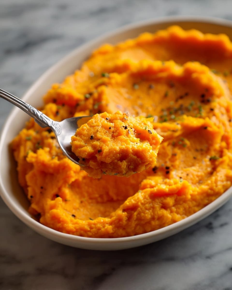 A light gray bowl filled with vibrant orange mashed sweet potatoes showing smooth and fluffy texture with some visible lumps, topped with a melting pat of light yellow butter in the middle and sprinkled with small black pepper flakes. The mash has glossy swirls and small pools of melted butter spread unevenly on the surface. The bowl is set on a white marbled textured surface with a small portion of a white bowl containing melted butter visible nearby. photo taken with an iphone --ar 4:5 --v 7