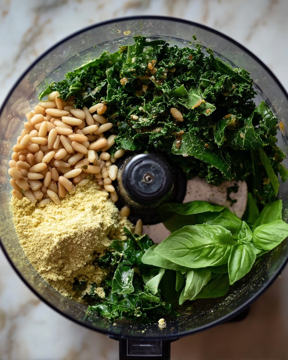 Inside a clear food processor bowl, layers of ingredients are visible. At the top left, there are small, light beige pine nuts scattered over dark green, wrinkled kale leaves. At the bottom left, a pale yellow powder, likely nutritional yeast, rests on chopped kale pieces. On the right side, fresh bright green basil leaves sit next to the other ingredients. The mix shows a variety of green hues and textures, from smooth basil leaves to textured kale and soft pine nuts. The food processor blade is partially visible in the center. The surrounding surface is a white marbled texture. Photo taken with an iphone --ar 4:5 --v 7
