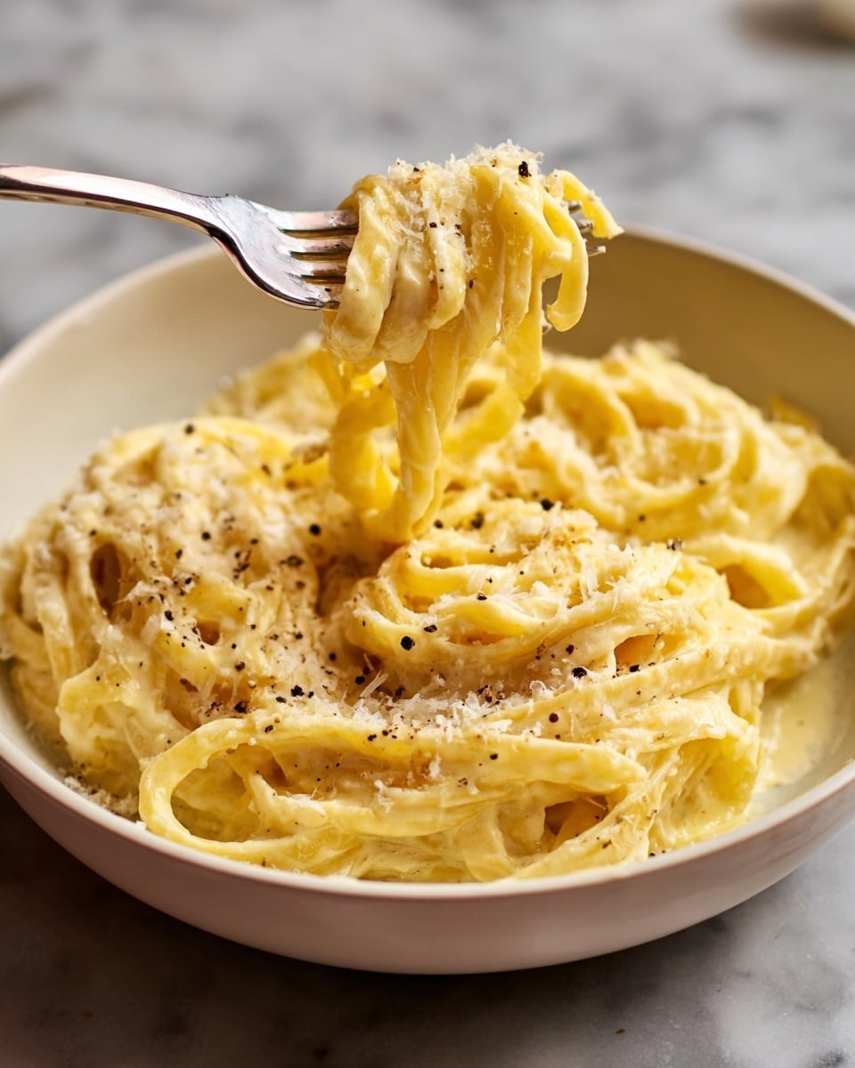 A white bowl is filled with creamy yellow pasta, with about three layers of thick noodles covered in a smooth, rich sauce. The pasta looks soft and is sprinkled lightly with black pepper. A fork lifts a small twisted bundle of noodles from the bowl, showing off the creamy texture on each strand. The bowl sits on a white marbled surface, adding a clean and simple background to the dish. Photo taken with an iphone --ar 4:5 --v 7