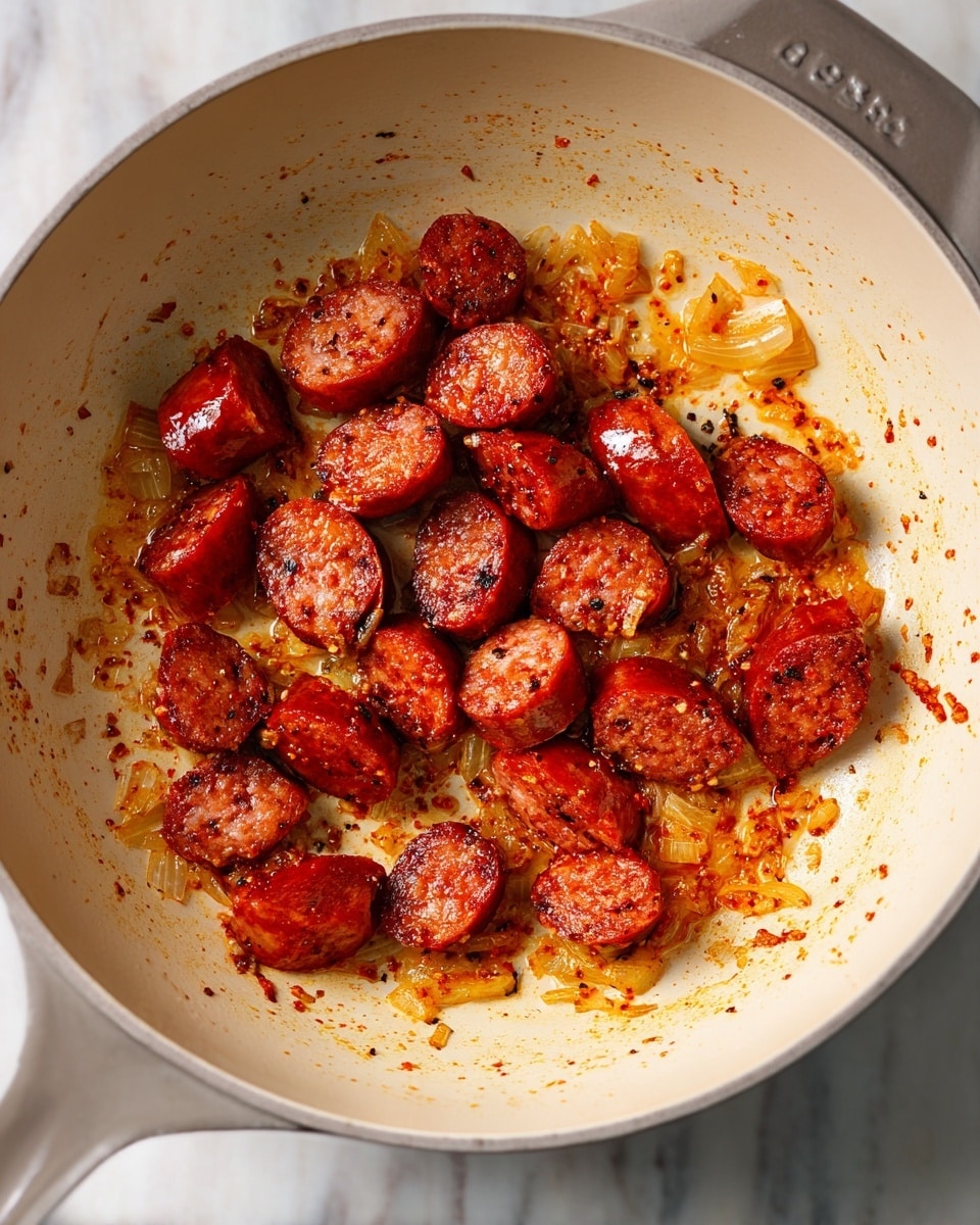 A close-up top view of a light grey pot with a white inside, containing pieces of cooked sausage scattered in the middle. The sausage pieces are thick, reddish-brown with a glossy, slightly oily texture, showing some charring and seasoning. The pot’s inside shows orange and brown oily stains and bits of cooked onions or spices spread around, creating a rough textured look. The pot is on a white marbled surface. photo taken with an iphone --ar 4:5 --v 7