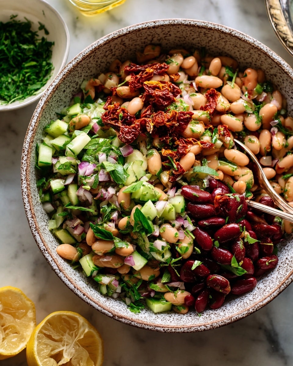 A large white speckled bowl filled with a mixed bean salad showing several layers of ingredients including pale beige cannellini beans, light brown pinto beans, and dark red kidney beans scattered throughout. There are small cubes of fresh, bright green cucumber mixed evenly among the beans, along with tiny bits of chopped red onion adding a purple touch. Small pieces of sun-dried tomato with a deep reddish-brown color are spread on top, along with chopped fresh green herbs like parsley and basil scattered finely, giving a fresh, leafy texture across the salad. The bowl sits on a white marbled surface with a lemon sliced in half nearby, and a white bowl of finely chopped herbs is just out of focus to the side, photo taken with an iphone --ar 4:5 --v 7