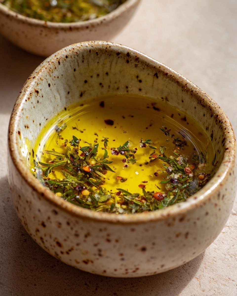 A small, rustic ceramic bowl with a speckled, earthy texture holds a single layer of golden yellow olive oil mixed with visible herbs and spices floating on the surface. The bowl's inside edges show the same speckled pattern, and the bowl is set against a soft, neutral background. The photo is clear and close-up, focusing on the smooth oil and herb details. photo taken with an iphone --ar 4:5 --v 7