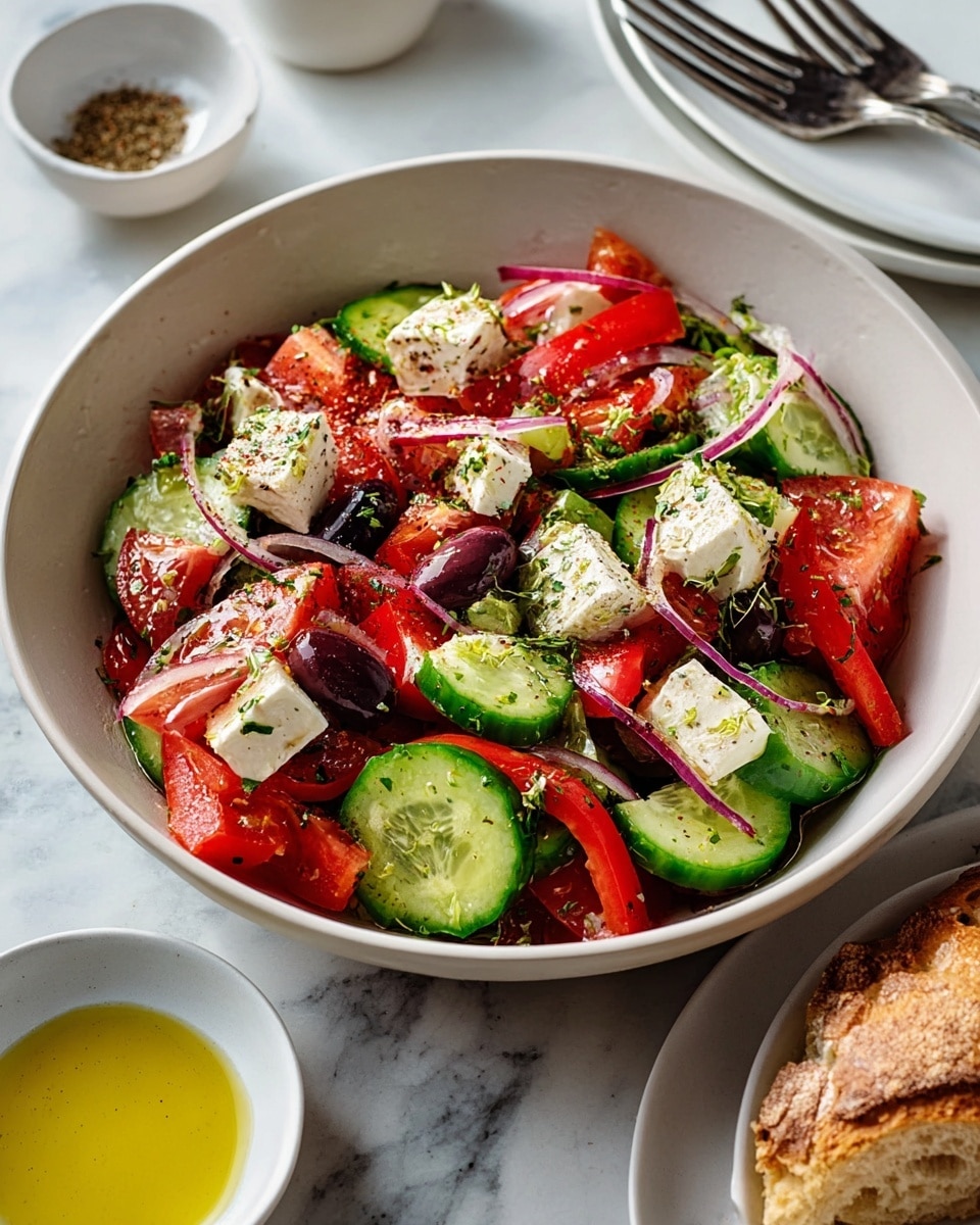 A white bowl filled with a fresh salad showing three main layers: at the bottom, large green cucumber slices with textured skin; the middle layer has bright red tomato wedges and chunks of red bell pepper; the top layer includes white cubes of cheese mixed with thin rings of purple onion and black olive slices. The salad is sprinkled lightly with herbs and olive oil, making some parts shiny. Around the bowl, there is a white marbled surface with a small white bowl containing olive oil and another with ground spices, along with silver forks and a slice of bread on a white plate. The photo taken with an iphone --ar 4:5 --v 7