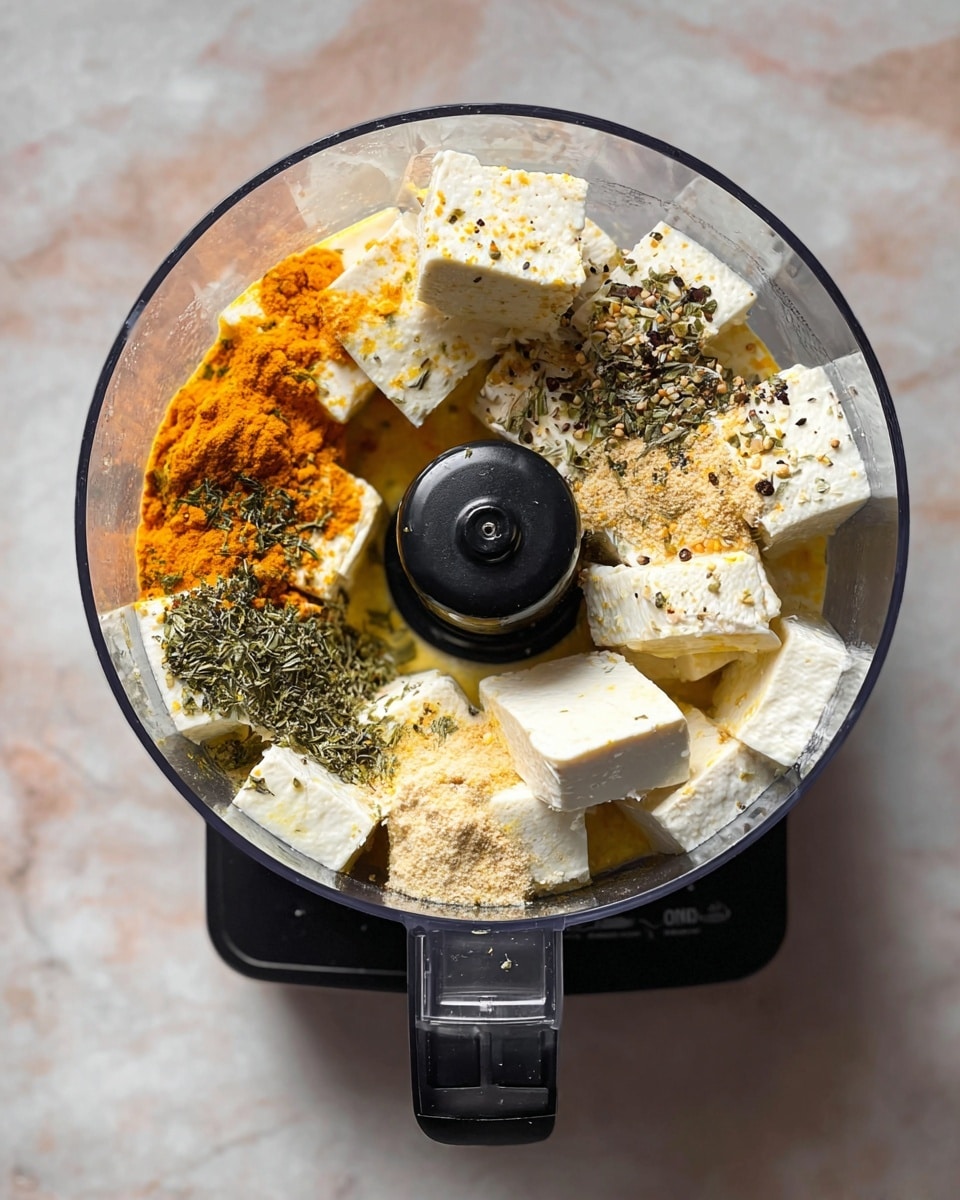A top view of a food processor bowl containing large cubes of white tofu layered with yellow and orange powders on the left side, sprinkled with green dried herbs on top, and various light beige and yellow powders with small black specks spread around. The bowl is clear plastic with a black center blade and a black handle, sitting on a white marbled textured surface. photo taken with an iphone --ar 4:5 --v 7