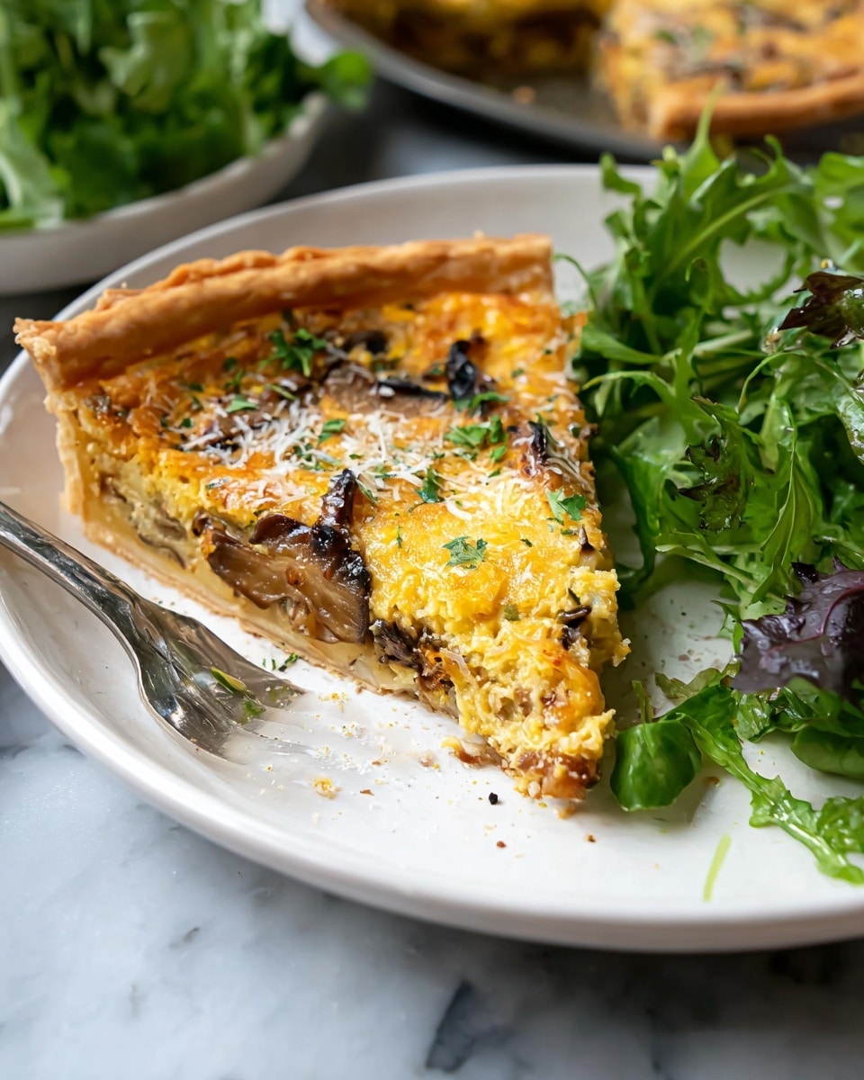 A deep round tart with a golden, slightly rough crust forms the base, filled with a creamy yellowish mixture that has visible small pieces of cheese and herbs, topped with dark, caramelized onion slices spread unevenly across the surface, giving it a textured look. One triangular slice is lifted on a silver pie server, showing the rich filling inside, while the tart sits on a piece of parchment paper on a white marbled surface. Around the tart, there are small dishes with chopped green herbs and fresh green leaves on white plates, adding a fresh touch. Photo taken with an iphone --ar 4:5 --v 7