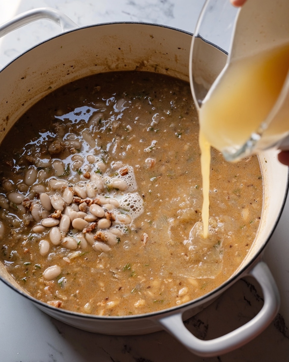 A white pot filled with a thick light brown soup that has some white beans floating on the left side. The soup shows a mix of small pieces of ingredients and a slightly creamy texture on top. A light yellow liquid is being poured into the pot from a container on the right, with a woman's hand holding the container. The background is a white marbled surface photo taken with an iphone --ar 4:5 --v 7