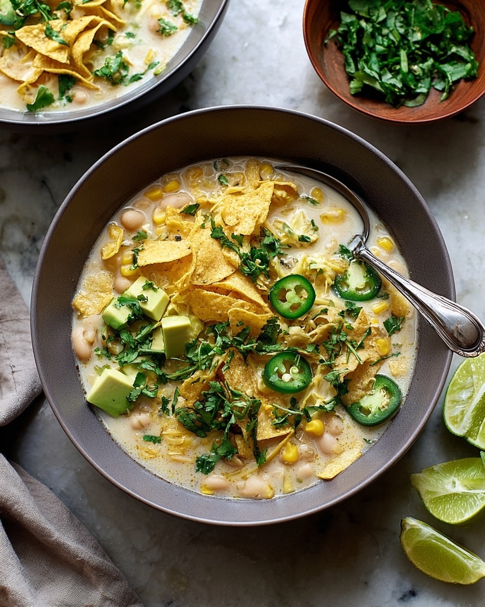 A gray bowl filled with a creamy white bean soup base containing visible white beans and small corn pieces, topped with a layer of broken yellow tortilla chips spread evenly across the soup, followed by thin ribbons of pale yellow cheese and sliced green jalapeño peppers scattered on top, with a few cubes of light green avocado pieces placed in the center and sprinkled with chopped dark green cilantro; a silver spoon rests inside the bowl on the right side. The bowl sits on a white marbled surface, next to slices of lime and a small bowl of cilantro leaves. photo taken with an iphone --ar 4:5 --v 7