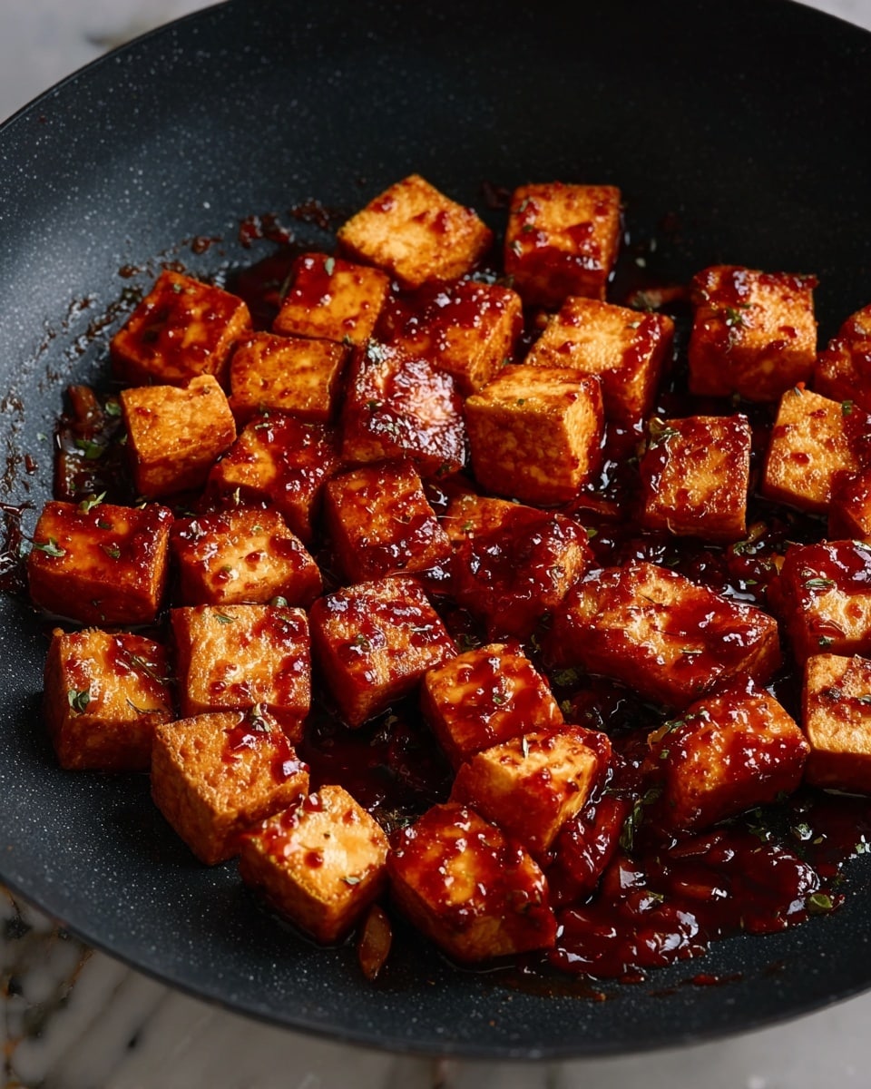 This image shows many small, square pieces of golden brown tofu covered in a shiny, dark red sauce inside a black pan. The tofu pieces have a slightly crispy texture and are arranged closely together, with some sauce spread unevenly over the pan's surface. The sauce has a glossy look and clings to the tofu, making them appear richly coated. The whole scene is set against a white marbled texture background photo taken with an iphone --ar 4:5 --v 7