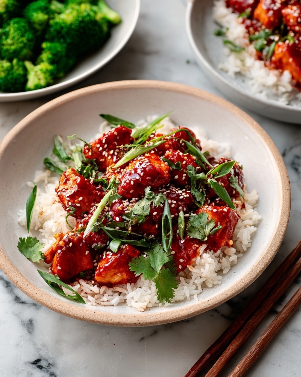A white bowl holds a base layer of white rice, topped with medium-sized chunks of chicken covered in a thick, shiny red sauce. The chicken pieces are scattered evenly over the rice, sprinkled with white sesame seeds and garnished with bright green chopped scallions and fresh cilantro leaves. The bowl sits on a white marbled surface, with another white bowl containing green steamed broccoli in the top left corner and a pair of wooden chopsticks on the right side. photo taken with an iphone --ar 4:5 --v 7