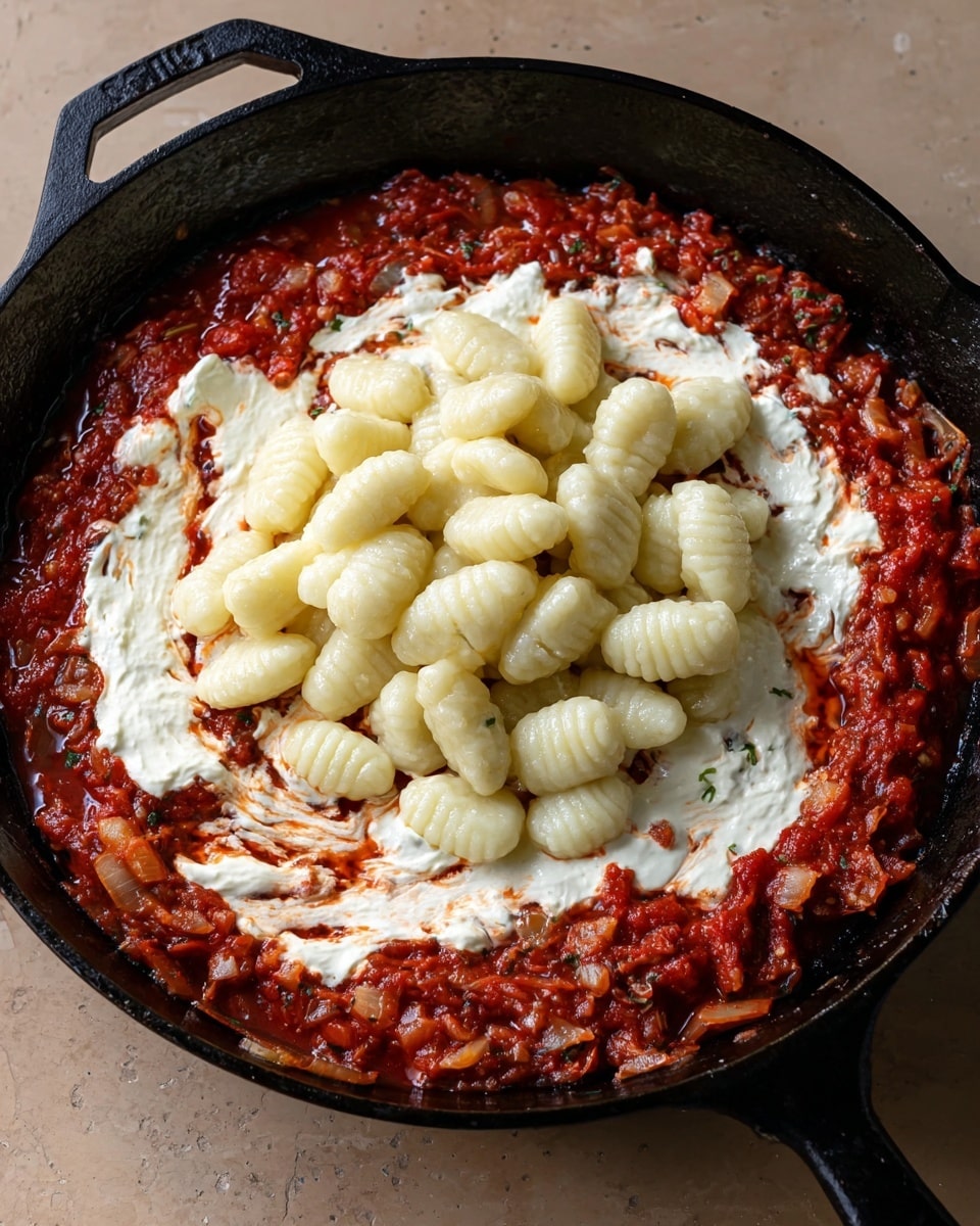 The image shows a bowl filled with gnocchi in a creamy orange sauce, with small pieces of what looks like cooked chicken or a similar protein mixed in. The gnocchi is soft and plump, coated in a thick, smooth sauce with a slightly chunky texture. On top, there are fresh green basil leaves scattered, adding a touch of color, along with a sprinkle of black pepper. The white bowl has a light texture and is placed on a white marbled surface. Next to the bowl, there is a small dish with more fresh green basil leaves visible. The photo taken with an iphone --ar 4:5 --v 7