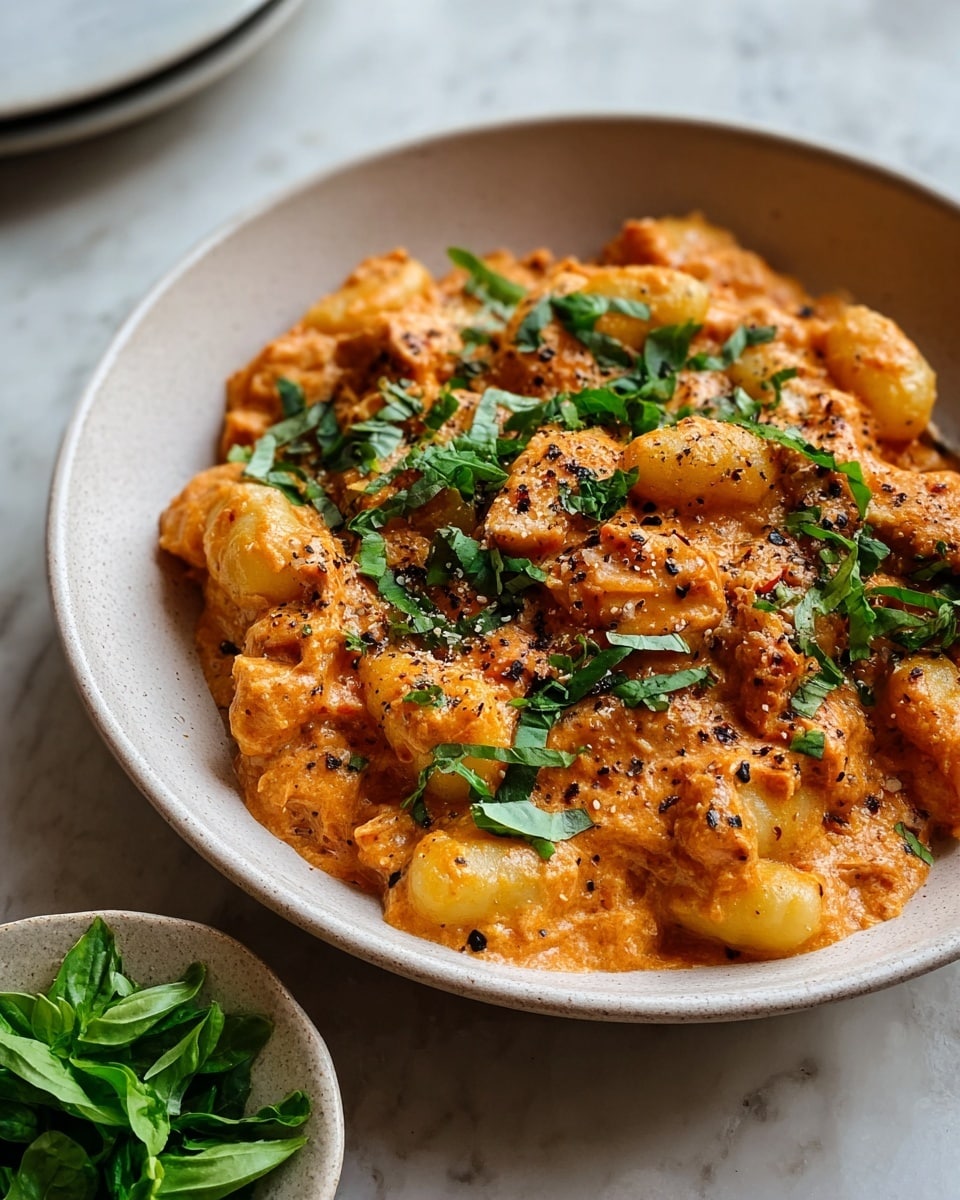 A cast iron pan filled with a thick, creamy orange sauce mixed with small round gnocchi, scattered pieces of browned meat, and fresh green herbs. The sauce looks smooth and rich, coating each piece evenly, with some light texture from herbs and meat. A silver spoon is scooping a portion of the gnocchi and sauce, showing the soft gnocchi's detail. The pan sits on a white marbled surface with a small white bowl of fresh green leaves placed nearby. The lighting makes the dish look warm and inviting, photo taken with an iphone --ar 4:5 --v 7