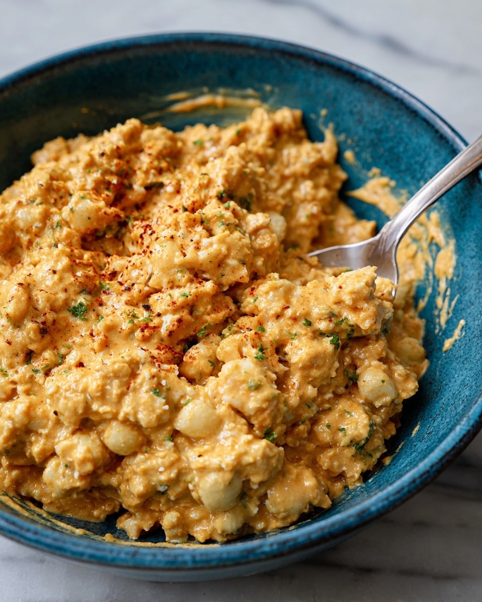 A close-up view of a thick creamy dish with a light orange-beige color and a chunky texture, showing small round and broken pieces mixed together. The food is in a blue bowl with a rough, matte texture inside and a smooth rim, with some food smeared softly on the sides. A silver metal spoon rests inside the bowl, partially buried in the dish, reflecting light softly. The setting has a white marbled surface beneath the bowl. photo taken with an iphone --ar 4:5 --v 7