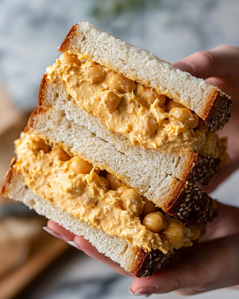 A close-up view of a thick sandwich showing three slices of soft, white bread layered with two thick spreads of chunky, creamy orange mixture with small bits of herbs and spices visible. The sandwich is stacked neatly, with the creamy filling slightly spilling over the edges of the bread. The sandwich sits on a wooden board, and the background surface is a white marbled texture. Photo taken with an iphone --ar 4:5 --v 7