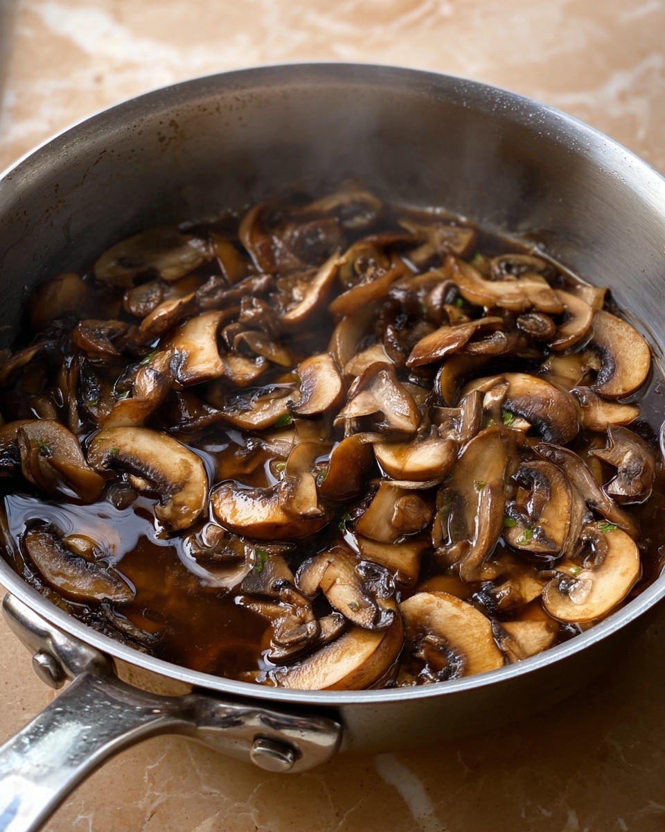 A silver cooking pot filled with cooked sliced mushrooms in dark brown and beige shades, soaked in a glossy, thin, dark liquid. The mushrooms are layered unevenly, showing various sizes and shapes with a soft, moist texture. The pot is set on a white marbled surface, and the handle of the pot is silver with some discoloration near the base. The lighting highlights the steam rising softly from the hot mushrooms. photo taken with an iphone --ar 4:5 --v 7