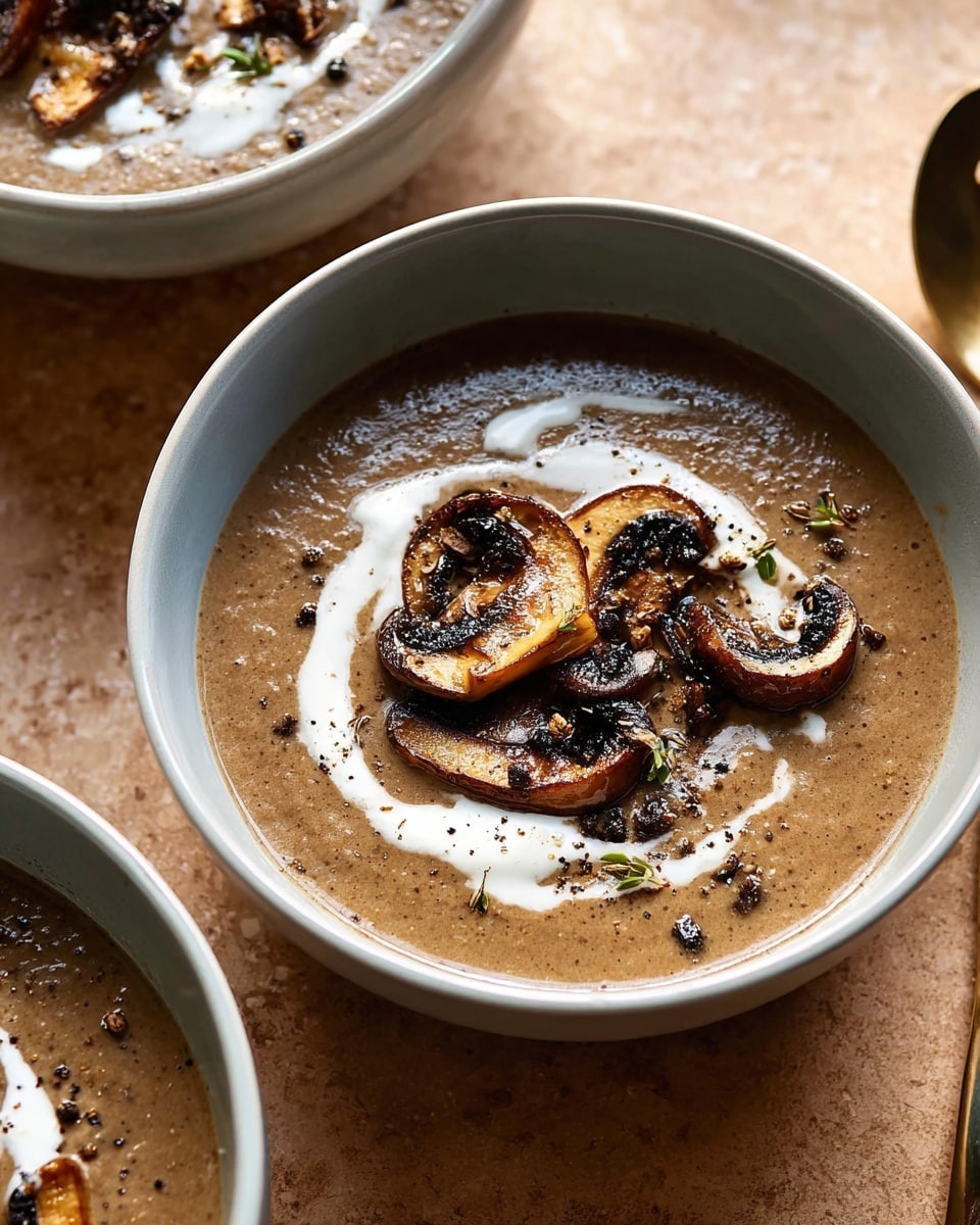 A white bowl filled with thick brown mushroom soup topped with five dark brown sautéed mushroom slices and a swirl of white cream. The soup surface has tiny black pepper bits scattered around. The bowl sits on a light brown surface with a soft texture. Part of two more bowls with the same soup is visible on the left and bottom edges of the image. Photo taken with an iphone --ar 4:5 --v 7