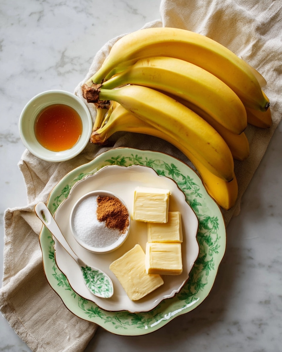 A bunch of five bright yellow bananas lie together on a white plate with a light green leaf pattern near the edge, placed on a white marbled surface and partly covered by a beige cloth. Below them is a white scalloped plate holding three main groups: on the right, six rectangular slices of pale yellow butter; in the center, a smaller white scalloped bowl with a pile of white sugar on one side and brown cinnamon on the other; a small white spoon with a green leaf design on the handle rests at the bottom edge of this plate. To the left of the white scalloped plate is a small white round dish filled with amber-colored honey or syrup. photo taken with an iphone --ar 4:5 --v 7