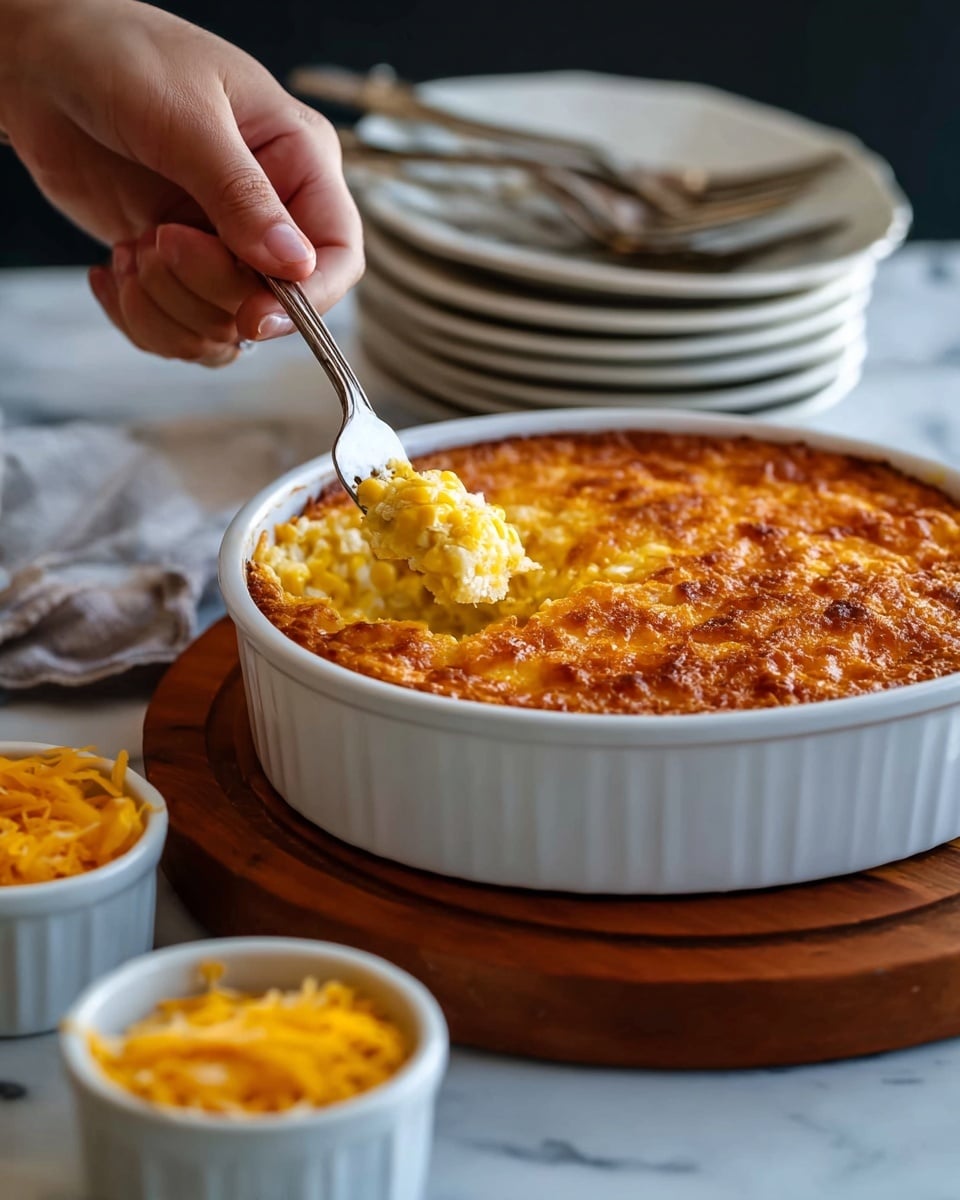 A close-up of a fork holding a square piece of corn casserole with a golden brown crumbly top layer, showing a moist and soft inside with visible yellow corn kernels, the background is dark, making the yellow colors of the casserole stand out. photo taken with an iphone --ar 4:5 --v 7
