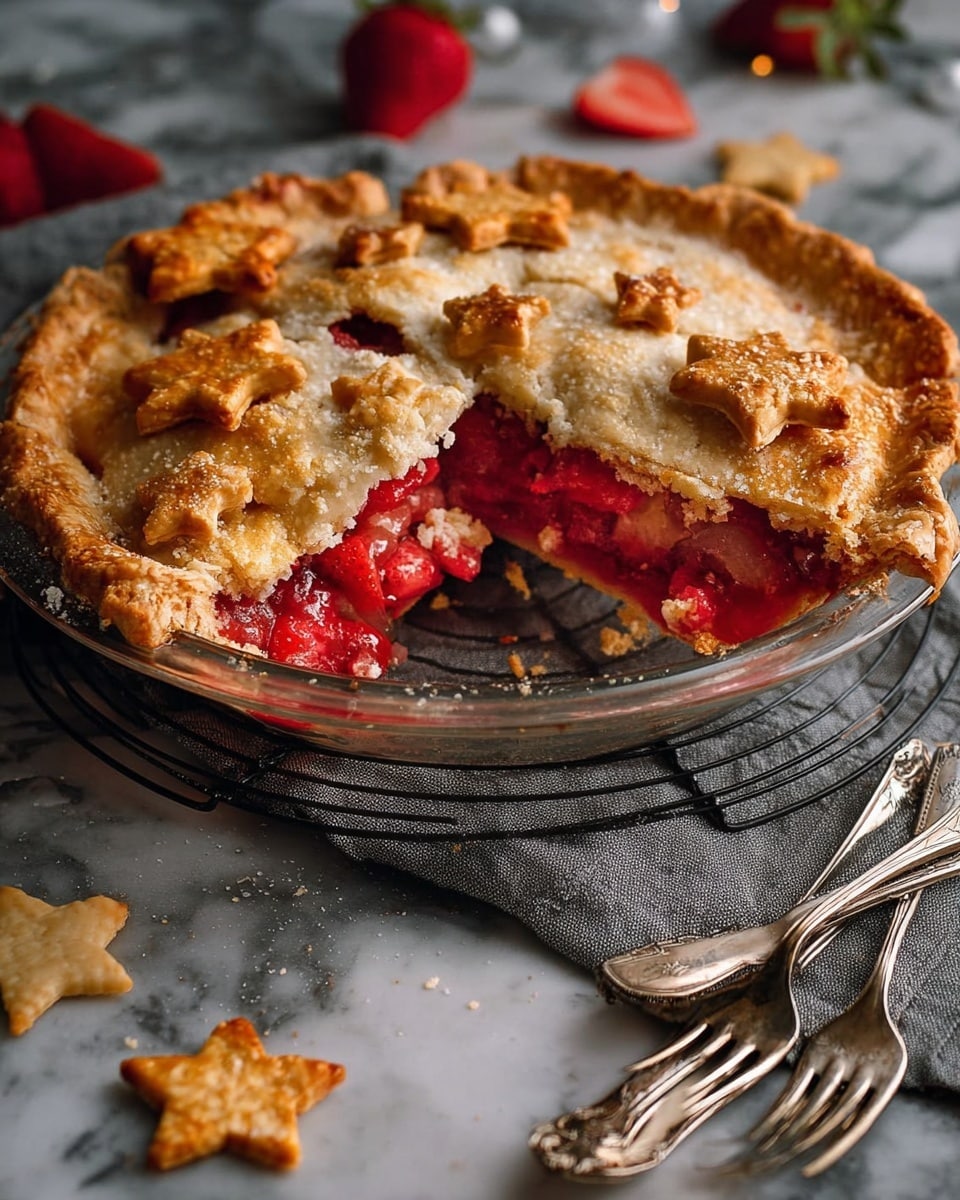 A round pie with a golden-brown crust sits on a clear pie dish on a gray cloth over a white marbled surface. The pie has a top crust with star-shaped cutouts and small star-shaped dough pieces placed on top, revealing a bright red strawberry and rhubarb filling underneath. A slice has been removed, showing chunks of rhubarb and strawberry inside. Scattered around are star-shaped dough pieces, strawberry halves, crumbs, and three silver forks on the right side. Photo taken with an iphone --ar 4:5 --v 7
