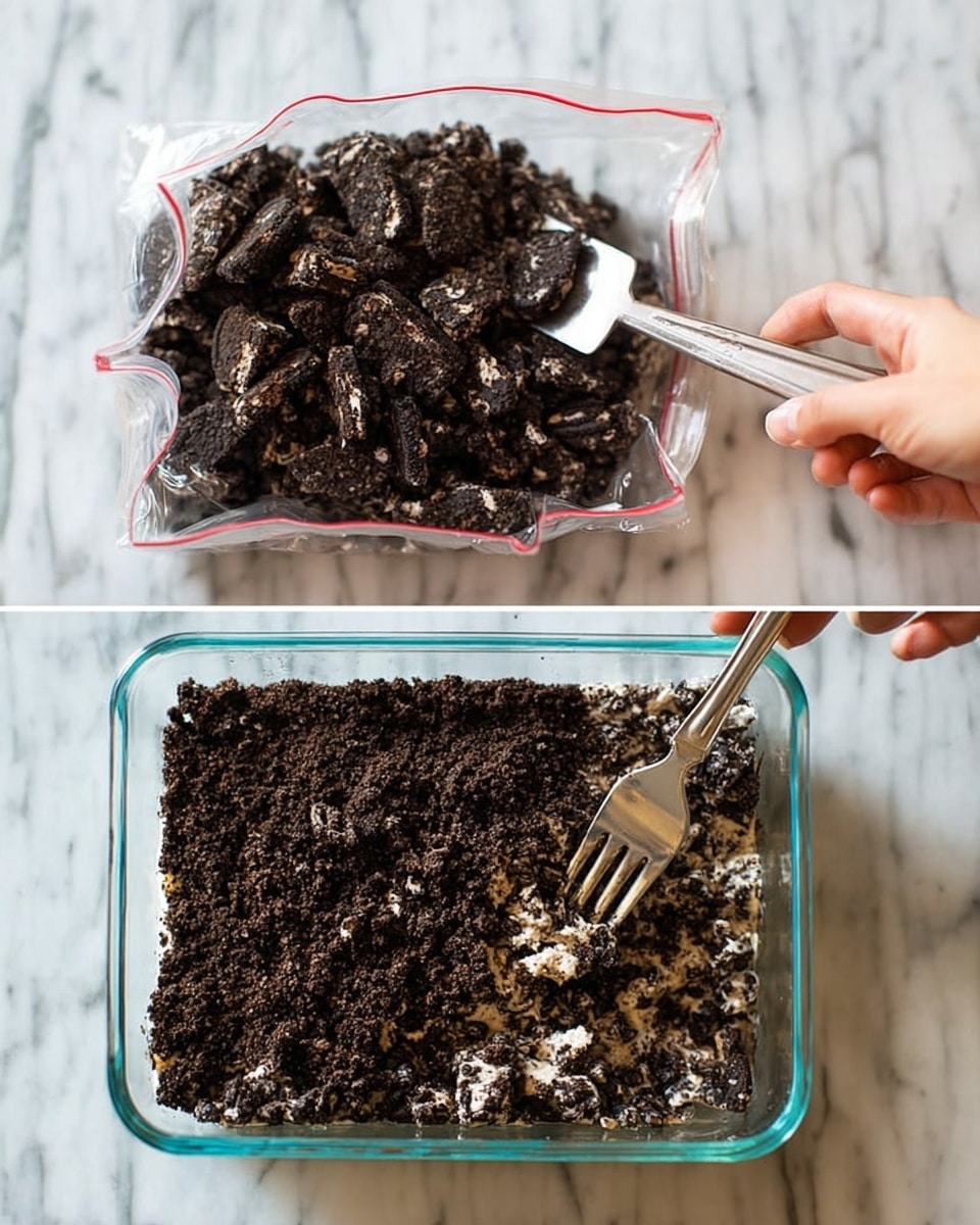 The image shows two parts of a dessert-making process. On the left, there is a clear plastic bag filled with crushed dark chocolate cookies, some pieces larger than others, placed on a white marbled surface with a woman’s hand holding a metal spatula beside it. On the right, a clear rectangular glass dish holds an even layer of the crushed cookie mix, dark with white cream bits, with a fork pressing into the crumbs. Both parts focus on the rough texture and mix of dark brown cookie chunks with white cream showing through. photo taken with an iphone --ar 4:5 --v 7