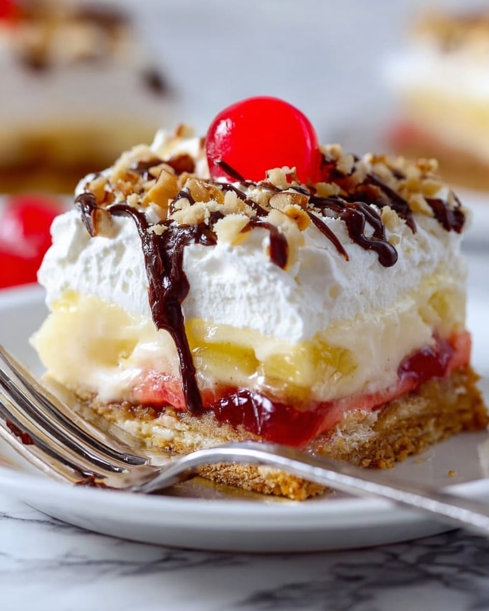 The image shows a square layered dessert on a white plate with a red cloth underneath. The bottom layer is a crumbly light brown crust. Above that is a thick creamy pale yellow layer. Next is a thinner light pink layer, topped by a generous fluffy white cream layer. The cream is decorated with chopped light brown nuts and drizzled with dark chocolate sauce. A bright red cherry with a stem sits on top in the middle. In the background, there is a white bowl filled with more bright red cherries, all placed on a white marbled surface. photo taken with an iphone --ar 4:5 --v 7