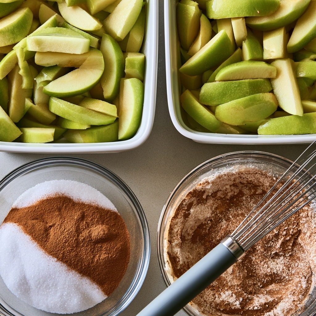 A white baking dish filled with a fruit cobbler, showing two layers: the bottom layer has shiny, soft, cooked yellow-green apple slices covered in a thick syrup, while the top layer is a golden brown, crumbly oat mixture with a rough texture. A silver spoon is scooping some of the cobbler, mixing the soft fruit and crumbly topping together. The dish is set on a white marbled surface with a cloth underneath, and some syrup has dripped on the sides of the dish. Photo taken with an iphone --ar 4:5 --v 7
