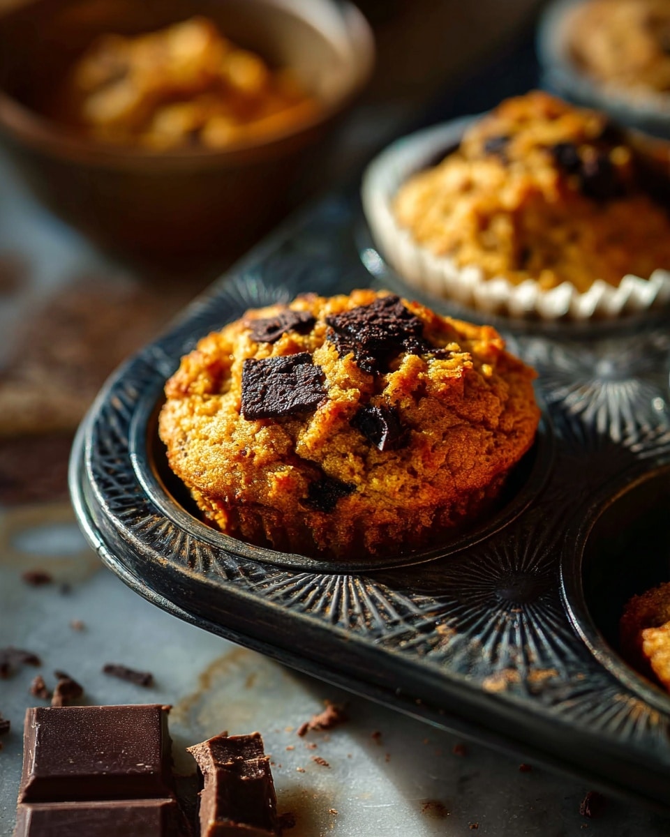 The image shows several golden-brown muffins with large dark chocolate chunks scattered inside and on top. Four muffins sit inside a dark metal muffin tray lined with white paper wrappers, while three muffins rest on white paper and white round plates with natural wood texture inside. One of the muffins is broken into pieces, showing a soft, crumbly inside with melted chocolate chunks. There is a small bowl filled with dark chocolate squares near the top left, and a silver fork lies near the bottom center. A white cloth with black stripes is casually placed on a dark wooden surface with visible grain and texture. photo taken with an iphone --ar 4:5 --v 7