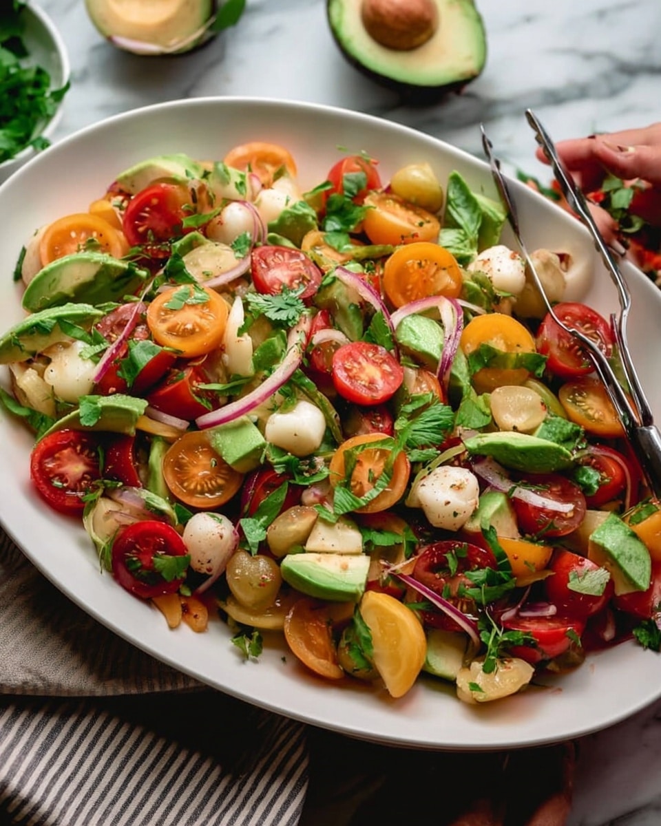 A large white oval plate holds a colorful salad layered with bright red, yellow, and green halved cherry tomatoes mixed with light green avocado slices and fresh green herbs like basil and cilantro scattered on top. There are also white scallops and thin slices of purple onion mixed within. A silver spoon rests inside the dish, catching some of the salad, all placed on a soft white cloth with a white marbled textured surface underneath. In the background, a small white bowl filled with cilantro leaves and a halved lime add extra fresh elements photo taken with an iphone --ar 4:5 --v 7