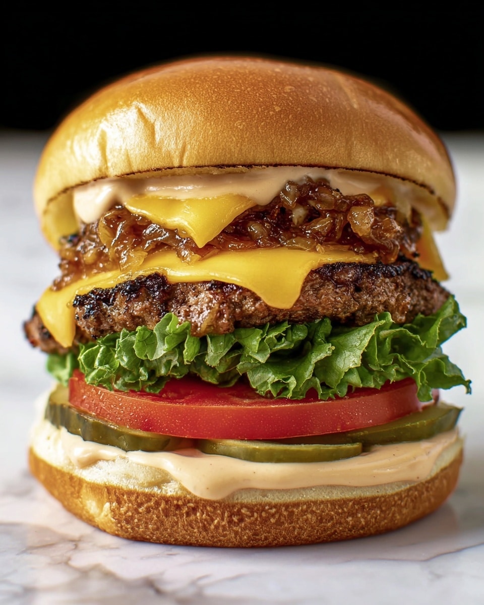 A white hamburger bun bottom holds three green pickle slices, a thick red tomato slice, and a bright green lettuce leaf. On top of this are two brown beef patties with slightly crispy edges, each covered by a melted, bright yellow layer of cheddar cheese. Above the cheese, there is a thick layer of brown caramelized onions. A spoon held by a woman’s hand is pouring light pink sauce over the top of the onions. The burger sits on a white marbled surface. photo taken with an iphone --ar 4:5 --v 7