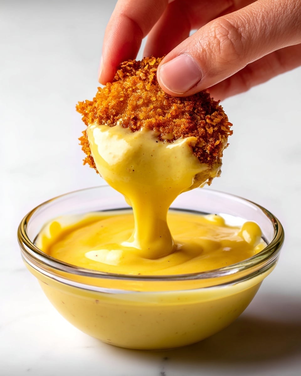 A silver tray holds a neat layer of golden brown waffle fries with a criss-cross pattern, arranged mostly at the bottom and right side, topped by a pile of eight crispy fried nuggets with a textured, crunchy coating in the center and left area. A small, round glass bowl filled with a smooth, creamy orange sauce sits at the top left corner of the tray. The scene is set against a white marbled surface, highlighting the warm colors of the food. photo taken with an iphone --ar 4:5 --v 7
