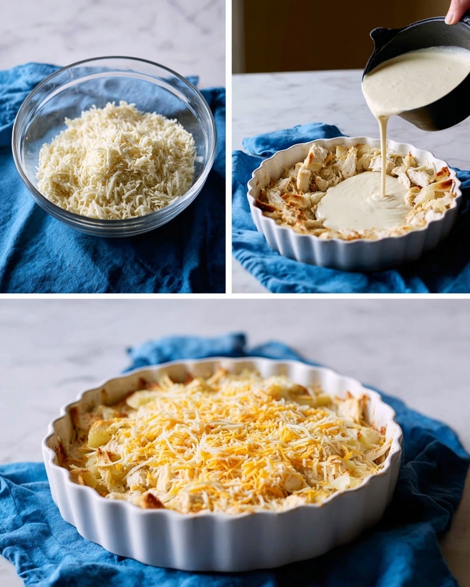 The image shows three steps of making a dish. The first part is a clear glass bowl with shredded white chicken pieces on a white marbled surface with a blue cloth underneath. The second part shows a white round baking dish with scalloped edges filled with shredded chicken at the bottom, while a thick creamy white batter pours from a small black pan over the chicken. The dish sits on a blue cloth on the white marbled texture. The third part shows the white dish filled with the chicken and batter layers, topped with a thick, even layer of shredded yellow and white cheese. A blue cloth is beside the dish on the white marbled surface. photo taken with an iphone --ar 4:5 --v 7