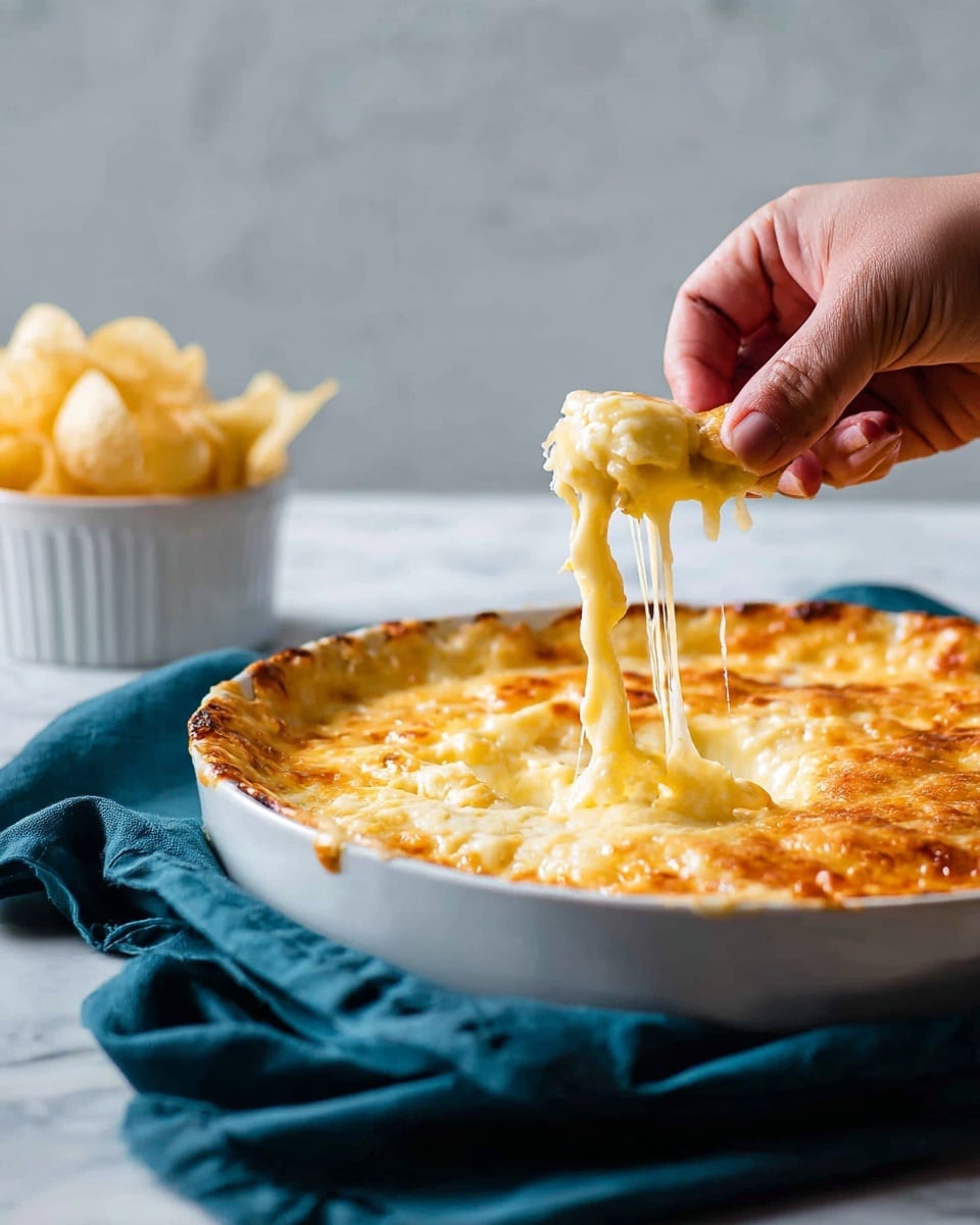 The image shows a white round baking dish filled with a thick, creamy dip covered by a golden-yellow melted cheese layer sprinkled with small green onion pieces and black pepper bits. The cheese layer is smooth with slightly browned edges, revealing some creamy white dip underneath. Around the dish, there are light green celery sticks placed on a white marbled surface, along with a white bowl filled with light golden potato chips, some spilled nearby. A blue cloth napkin is partly under the baking dish, adding a soft texture to the scene. photo taken with an iphone --ar 4:5 --v 7