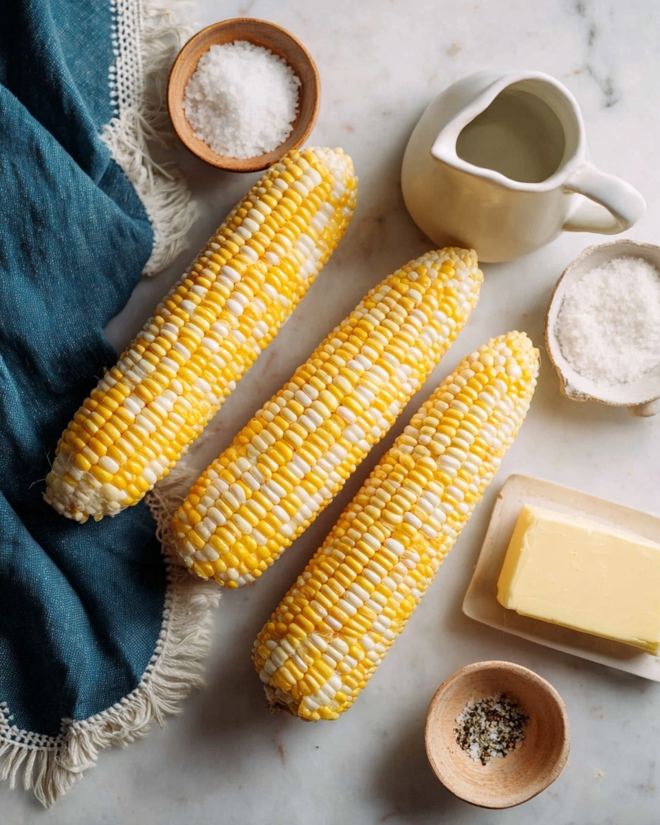 The image shows three ears of corn with yellow and white kernels arranged diagonally on a white marbled surface. Around the corn, there are small white bowls containing white sugar, coarse salt, and pepper. To the right, there is a stick of pale yellow butter, partially unwrapped. In the top center, there is a small white pitcher, and a blue cloth with white trim is placed in the bottom left corner. The scene is simple and bright, with soft natural light and a clean, tidy layout. photo taken with an iphone --ar 4:5 --v 7