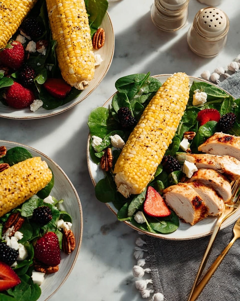 The image shows five yellow and white corn cobs placed on a white oval plate on a white marbled surface. Two of the corn cobs have small squares of melting butter on top, and all the corn is sprinkled with black pepper. Part of a wooden bowl with green spinach leaves and a sliced red strawberry is visible in the upper left corner, while salt and pepper shakers stand near the top. A plate with butter slices is partially seen in the upper right, and the edge of a grilled food item appears in the bottom right. A dark blue cloth napkin with a white lace edge is on the left side of the plate. photo taken with an iphone --ar 4:5 --v 7