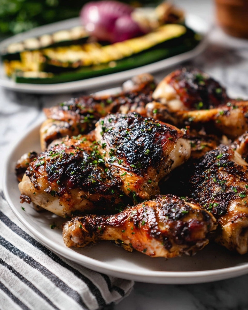 The image shows a white plate full of grilled chicken pieces, including drumsticks and thighs, with a dark, crispy, and slightly charred skin layered on top. The chicken has a golden-brown and black textured surface with small green herb bits sprinkled all over. In the blurry background, there is another white plate stacked with grilled vegetables like zucchini and red onion, placed on a white marbled surface with a striped cloth underneath. Photo taken with an iphone --ar 4:5 --v 7