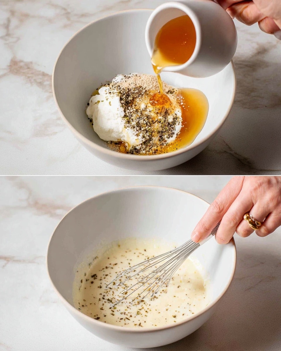 In the first image, a white bowl holds several layers of ingredients: a dollop of thick white cream is topped with sprinkles of dark ground pepper and a beige powdery spice. A pale amber liquid is being poured into the bowl from a small white cup held by a woman's hand with a gold ring. The second image shows the same white bowl now containing a creamy mixture with light specks of black pepper, being stirred with a metal whisk on a white marbled surface. photo taken with an iphone --ar 4:5 --v 7