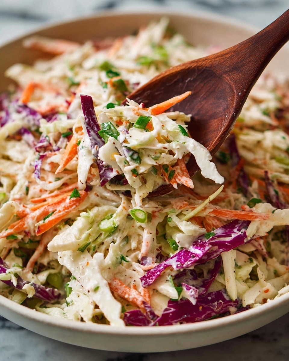 A close-up image of a bowl filled with coleslaw salad showing multiple layers of shredded white cabbage, thin strips of bright purple cabbage, and thin orange carrot shreds mixed together. There are small slices of light green celery or scallion scattered throughout, adding contrast to the creamy white mayonnaise dressing that coats the vegetables. A dark wooden spoon is scooping a portion of the coleslaw, lifting it slightly above the bowl, with visible texture and slight gloss on the creamy dressing. The bowl is white and sits on a white marbled surface. The photo is taken with an iphone --ar 4:5 --v 7